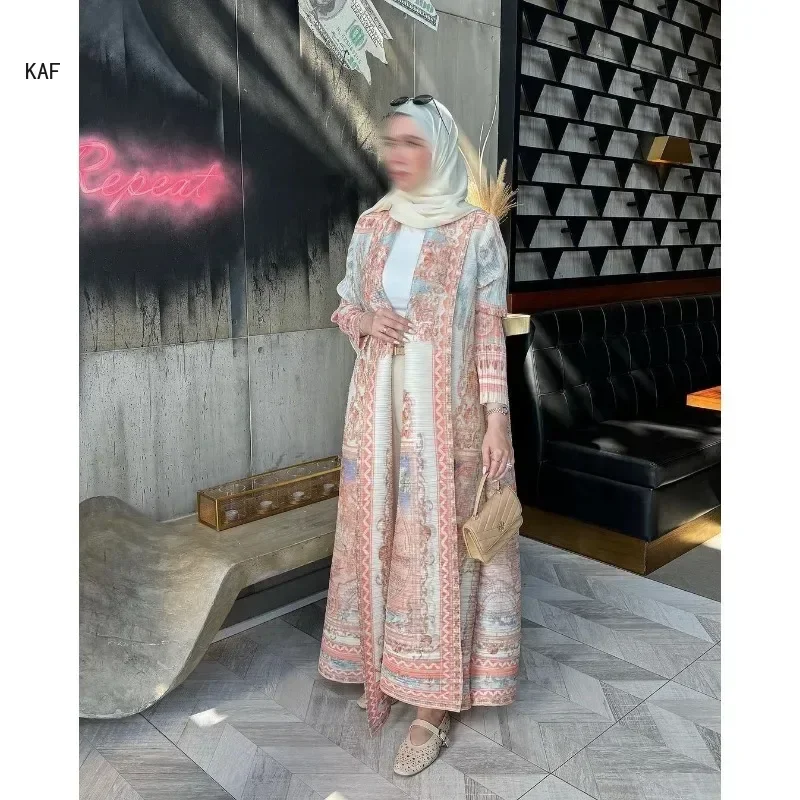 Casaco longo feminino de outono, estampa retrô de manga comprida muçulmano abaya moda saudita cinto enrugado