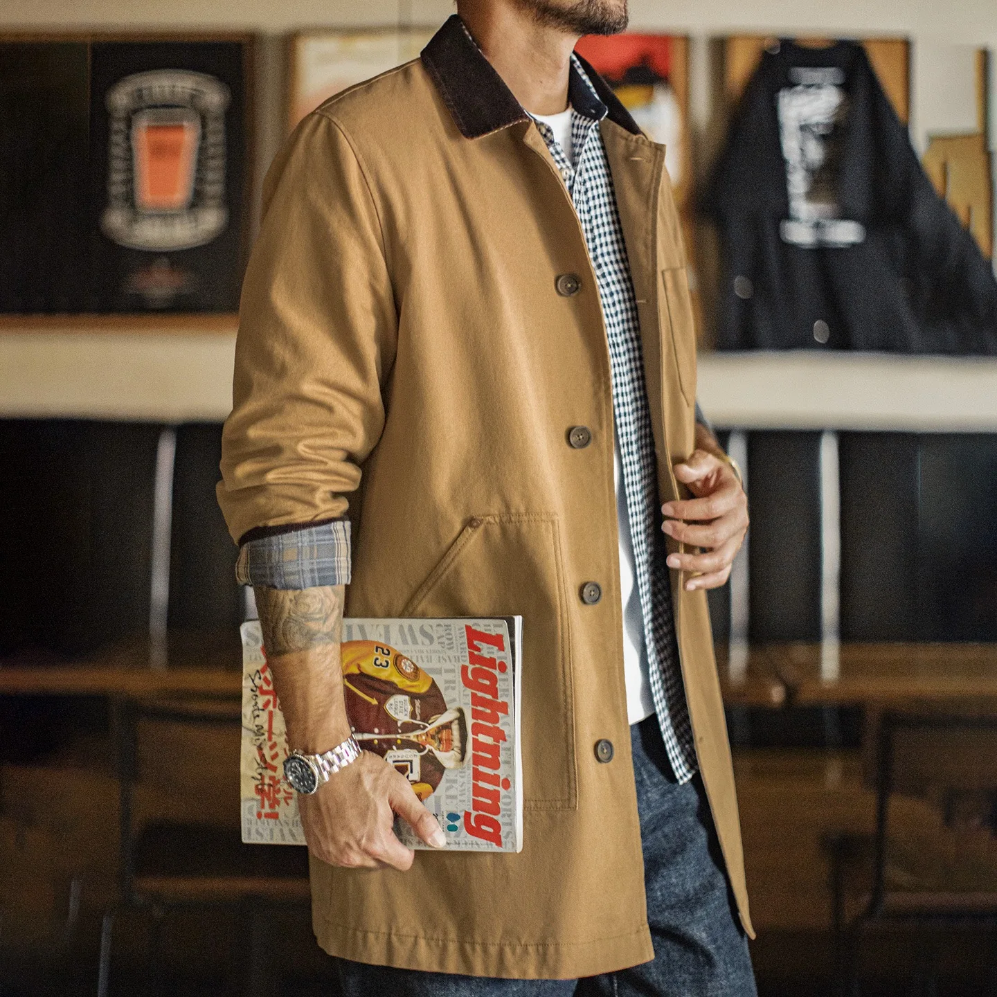 

Maden American Retro Michigan Sle Khaki Men's Long Coat Jaet Loose Fit Breathable Outerwear Autumn Season Faion