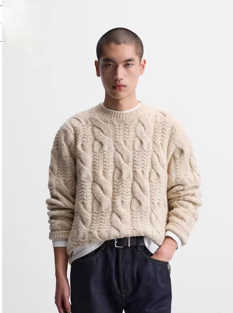 

Свободный крой, длинный вязаный свитер с капюшоном, простая тканая текстура, мужская модная повседневная одежда, круглый цвет, 2024, зимняя...