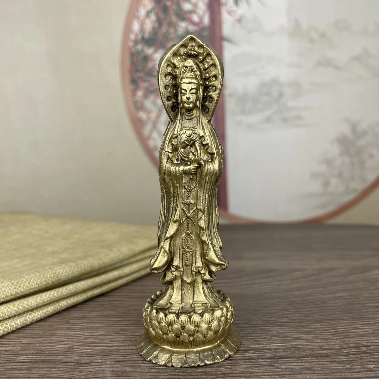 Metal three-sided Guanyin sculpture Feng Shui Buddhist decorative statue collection art sculpture mini bronze statue
