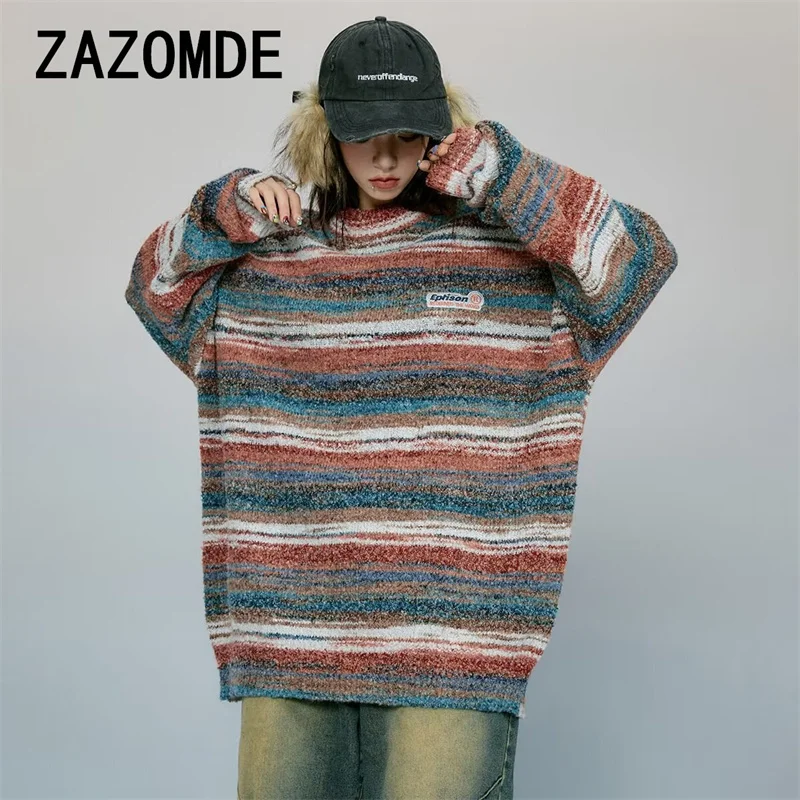 ZAZOMDE 2024 Autumn Winter New Arrival Fashionable Trendy Striped Knit Pullover Vintage Color Blocking Design Unisex Couple Tops