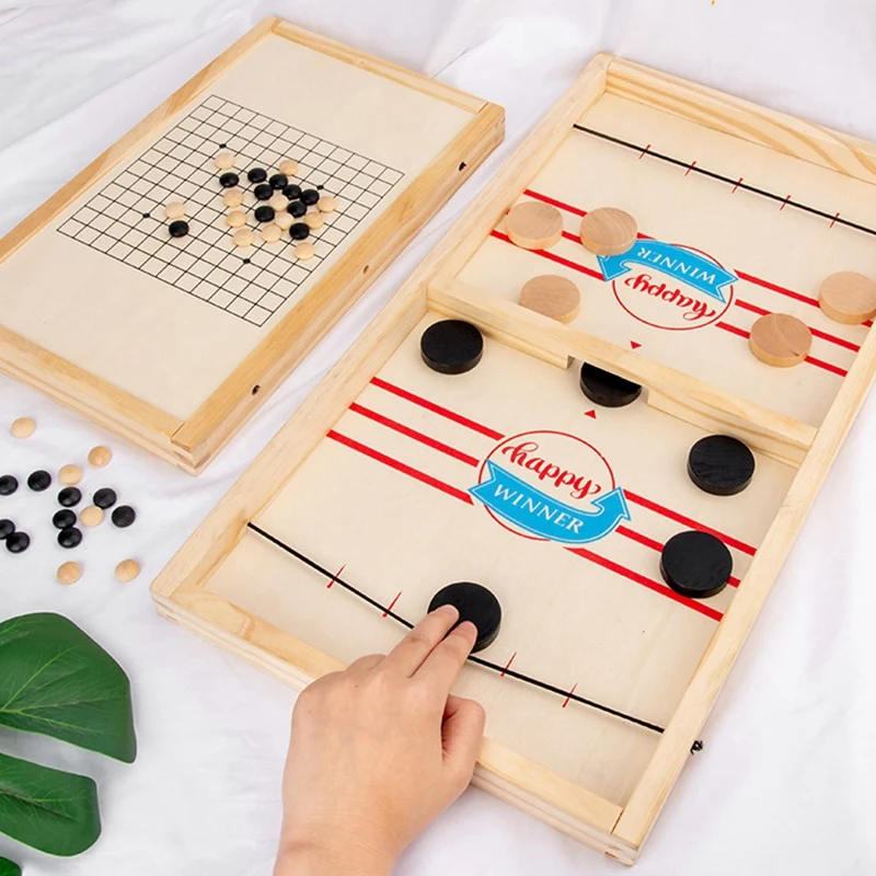 2-In-1 Wooden Fun Ice Hockey + Bouncing Chess Adult Children Double Puzzle Parent-Child Interactive Tabletop Game