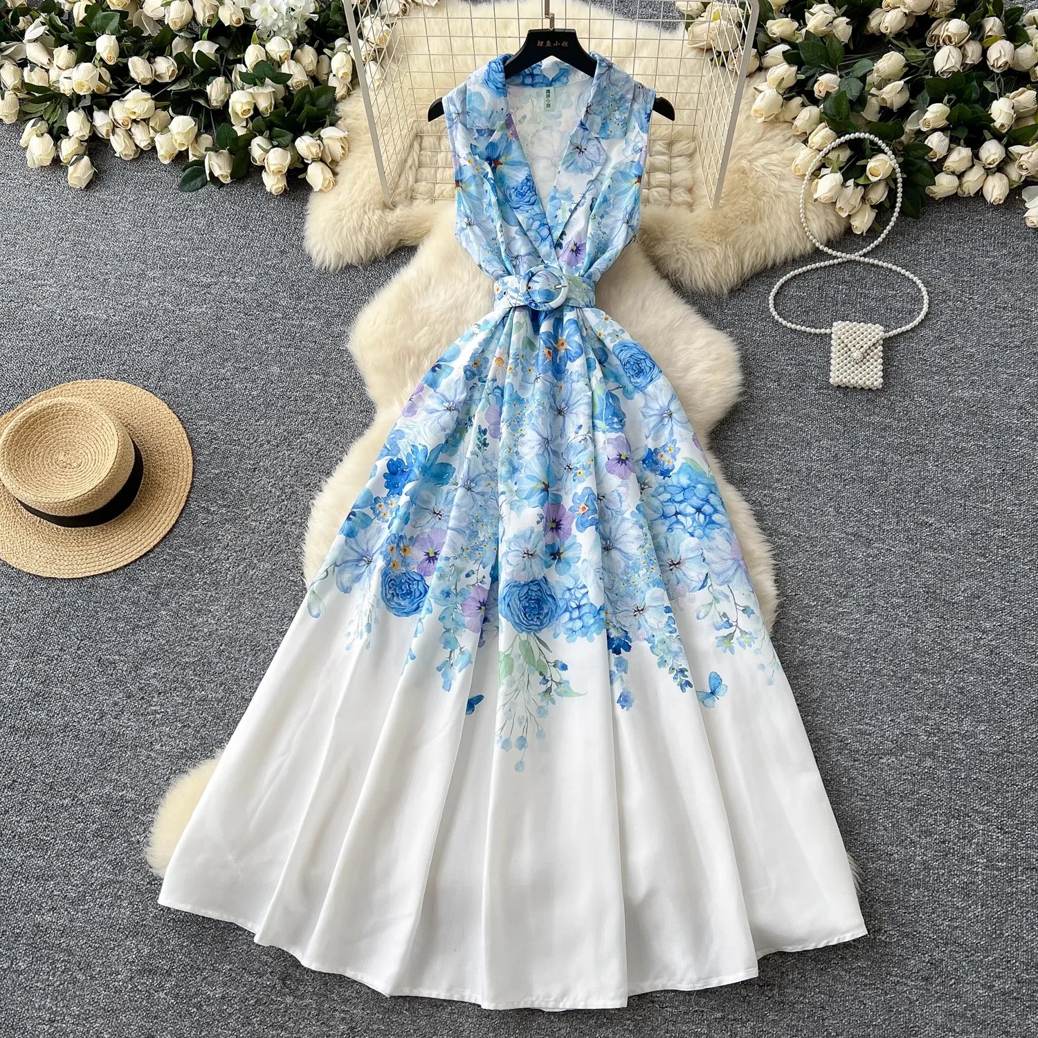 

Fashion Elegant Flower Maxi Dress Summer Women Holiday Sleeveless Blue Floral Print Belt Tank Dresses Midi Long Party Vestidos