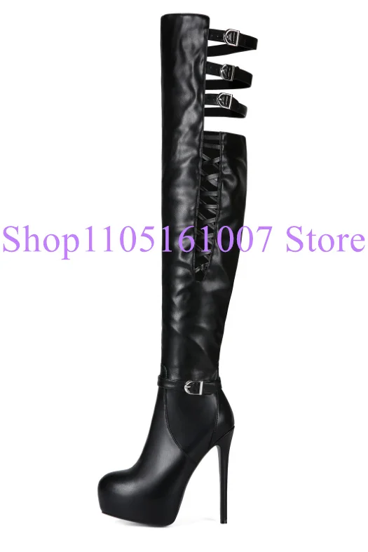 Black White Leather Hollow Out Lady Long Boots Sexy Stiletto Heel Platform Over the Knee Boots Woman Fashion Dress Party Shoes view 6