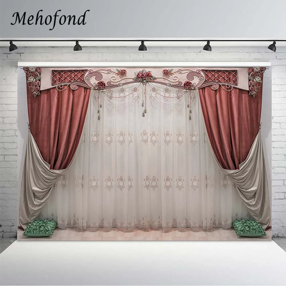 

Mehofond Photography Backgrounds Red Curtain White Gauze Net Wedding Party Backdrop Decoration Bride Family Portrait Photozone