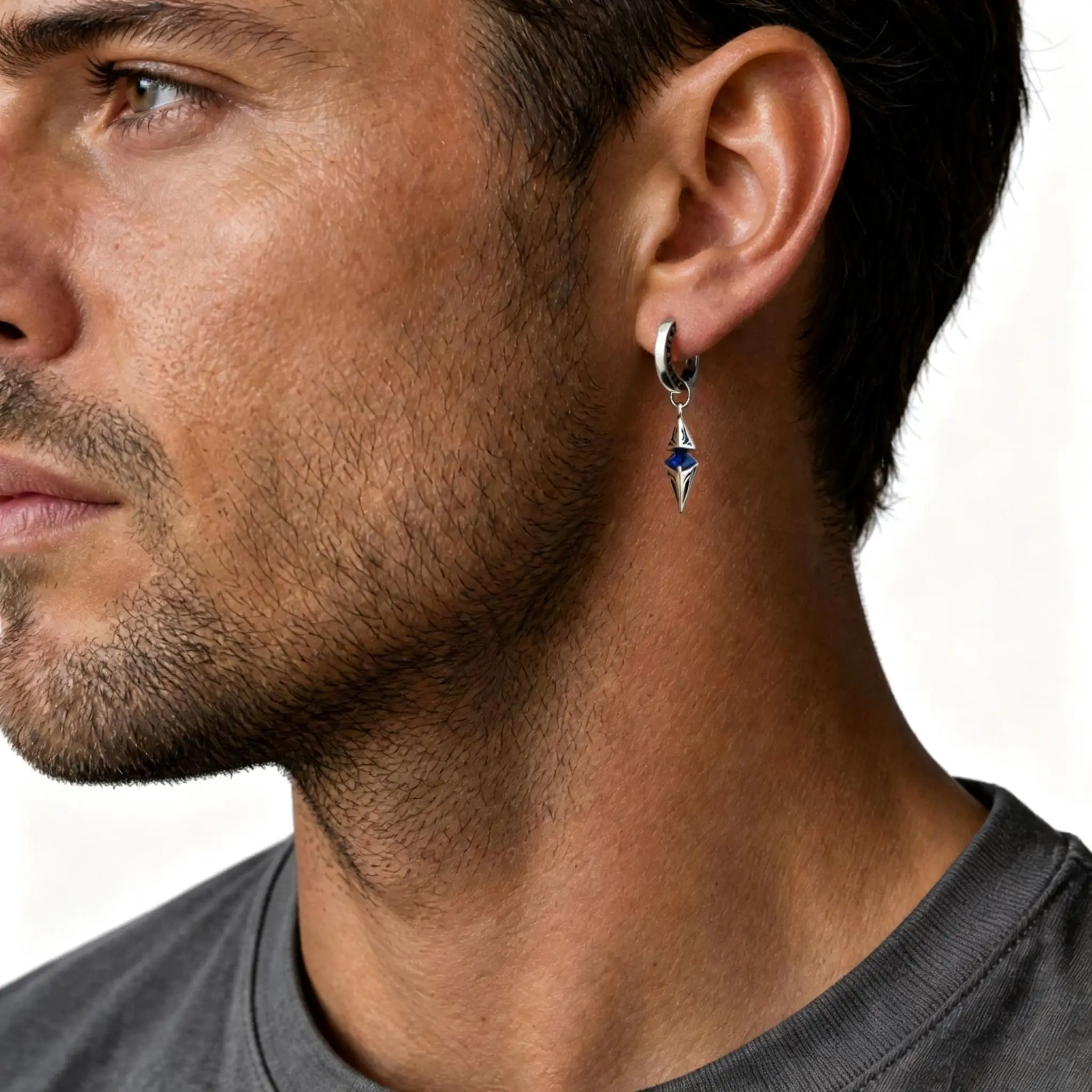 Blaue Zirkon-Creolen für Männer, Hip-Hop Geometrische Glücksbringer Metall-Tropfenohrringe, Punk Vintage Schmuck – Detail 4