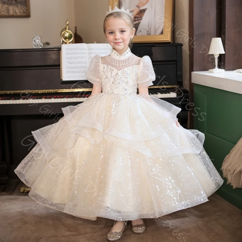 فستان الأميرة بطول الكاحل للفتيات برقبة عالية وأكمام قصيرة فستان فتاة الزهور مطرز بالدانتيل لحفلات أعياد الميلاد مخصص