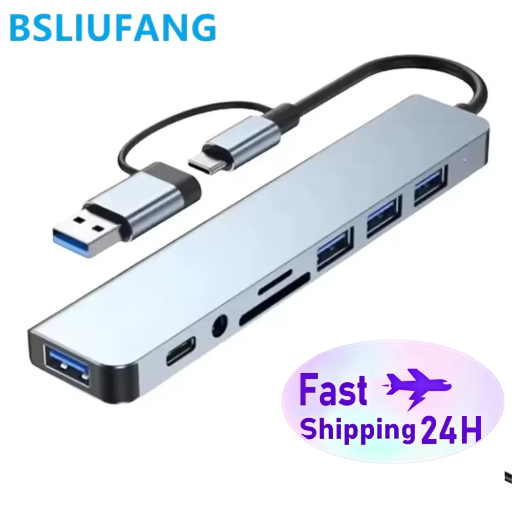 8 In 2 USB C Hub Expander Multiport Adapter Type C Splitter Dock USB 3 Port For Xiaomi Phone Tablet Fast Data Transfer Charging