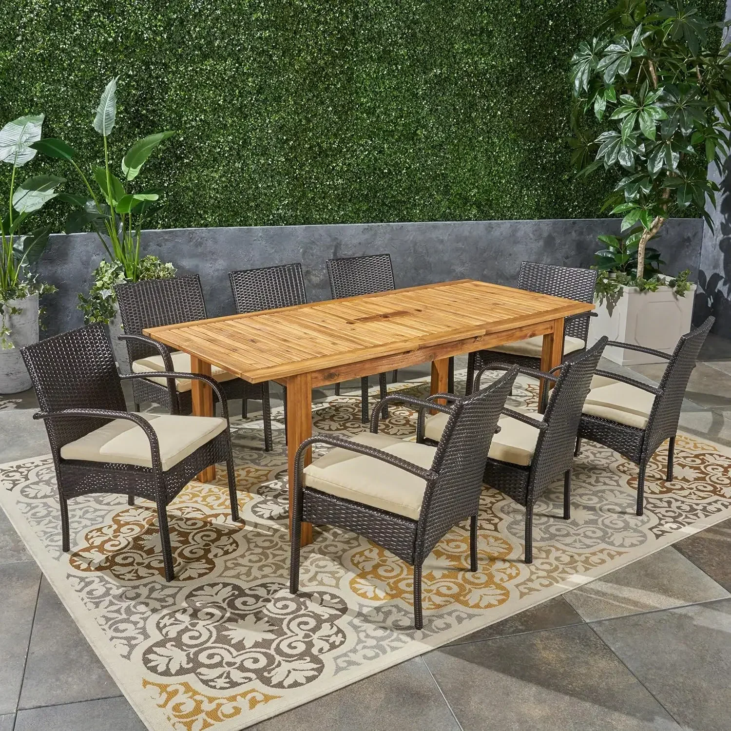 Elmar Outdoor 9 Piece Acacia Wood and Wicker Expandable Dining Set, 22.1 