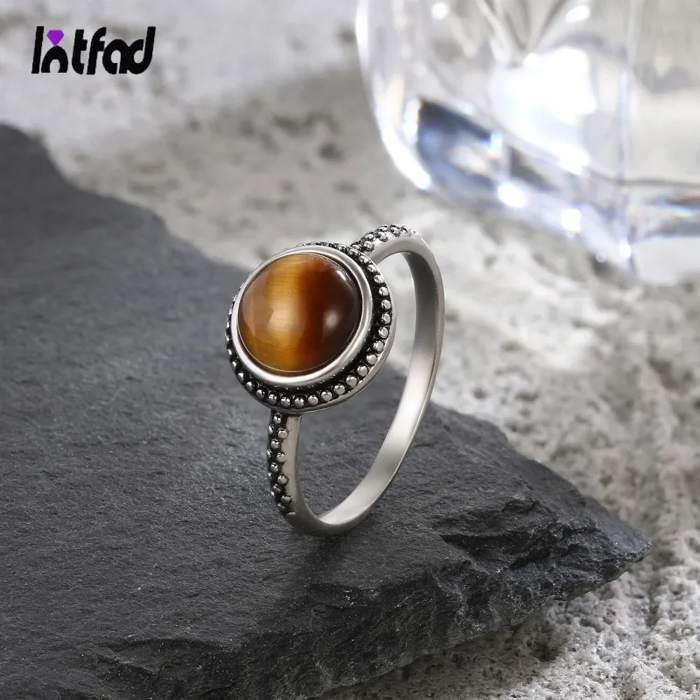 

S925 Sterling Silver Ring Vintage 8MM Round Tiger's Eye Ladies Party Anniversary Jewelry Gift