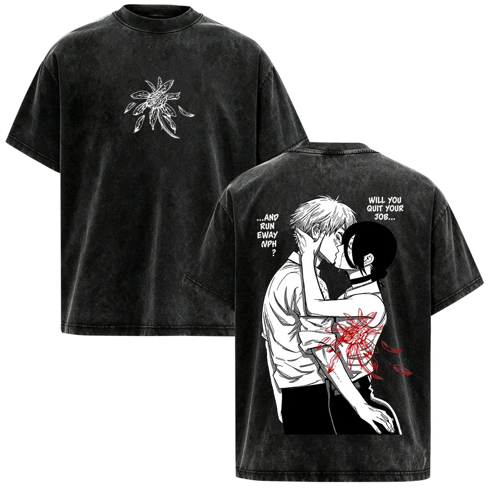 Anime Chainsaw Man Reze Denji Graphic Vintage Washed T Shirts Men Women Clothing Casual Cotton T-shirt Harajuku Couples T-shirts