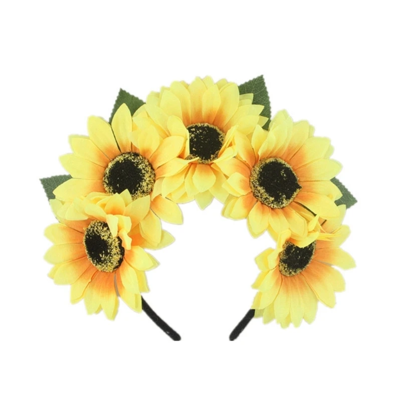 652F Model Show Headband with Realistic Sunflower Decors Ethnic Style Headband for Girls Ethnic Headband for Carnival Party