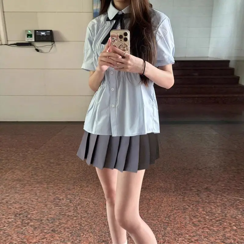 Women Popular Trend Lovely Turn Down Collar Short Sleeve Top Fashion Solid Color Polo Shirts Blue Folds Korean Preppy Style