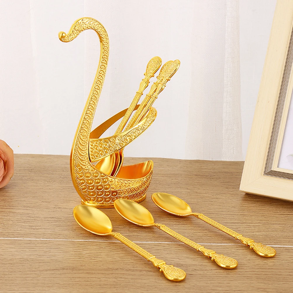 

1 комплект, набор ложек для кофе, десерта, металлический держатель в виде лебедя с элегантной подставкой для ложек, кухонная утварь, декор стола, алюминиевая пластина 1/2