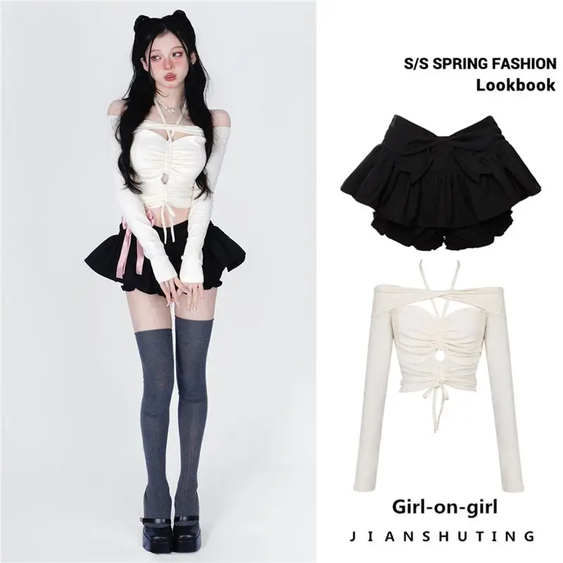 

Sexy Pleated Skirt Hollowed T-shirt Set Women Bow Lolita A-Line Short Skirt Y2k High Waist Minimalist Slim Fashion Versatile Set