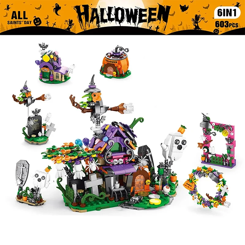 Halloween 6-in-1 bouwstenen set Spooky spookhuis Ghost Train Bricks speelgoed Halloween cadeau voor kinderen