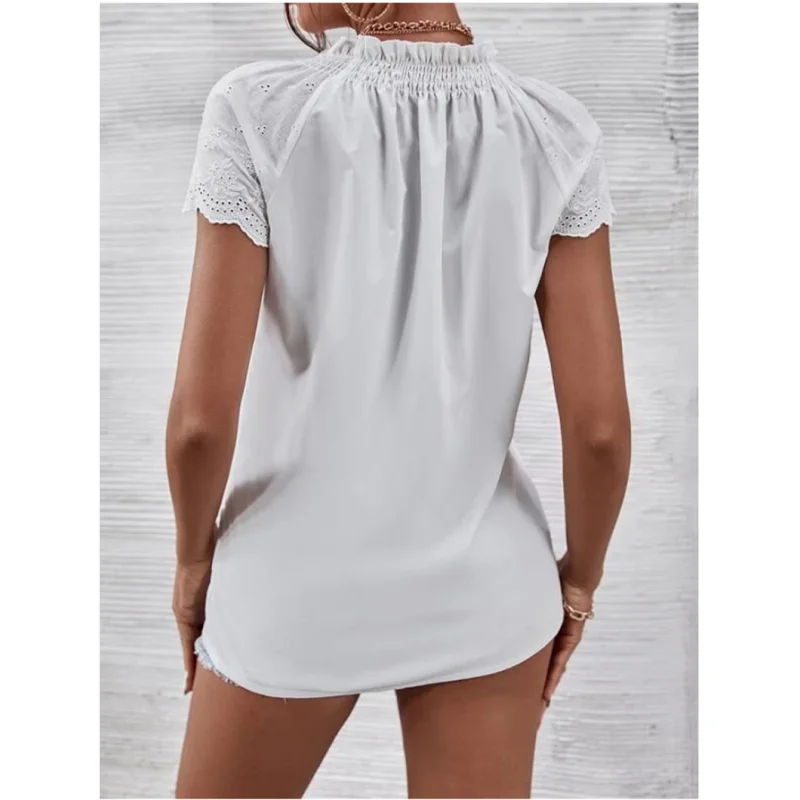 Summer Faion Lace Trim Women's Blouse Casual Top Straight Cut Polyester ort Sve V-Ne Regular Length Thin Fabric