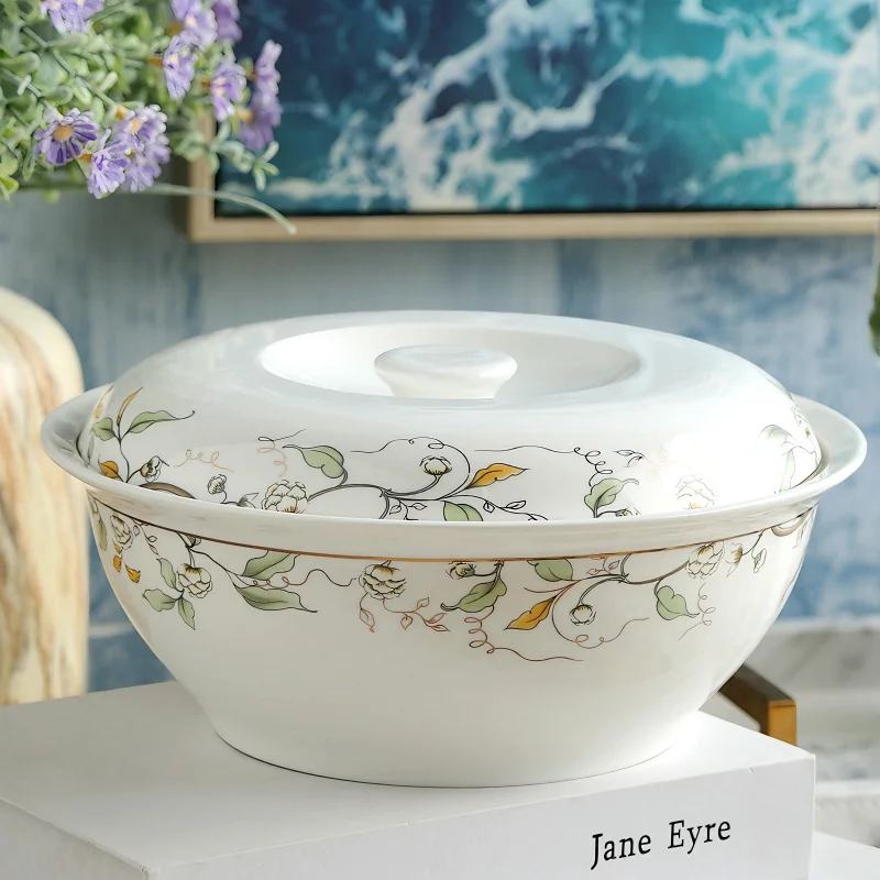 9 inch, golded wave and leaf banding painting, bone china pote, potes, ceramic tureen, japanese soup serving bowls with lid