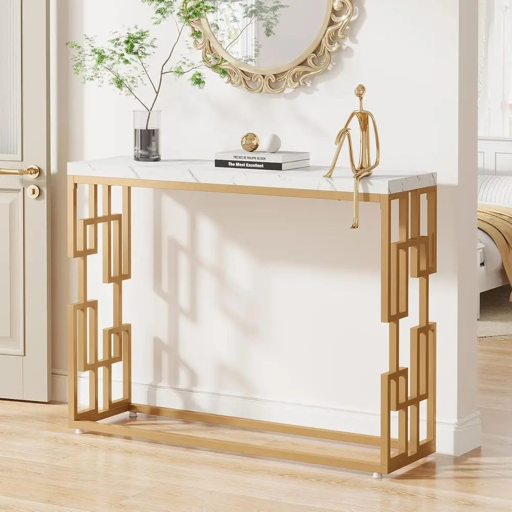 

42.5 Sofa Table with Auxiliary Marble Top, Engineered Wood, Suitable for Entryway, Hallway, Living Room, White & Gold, Easy Asse
