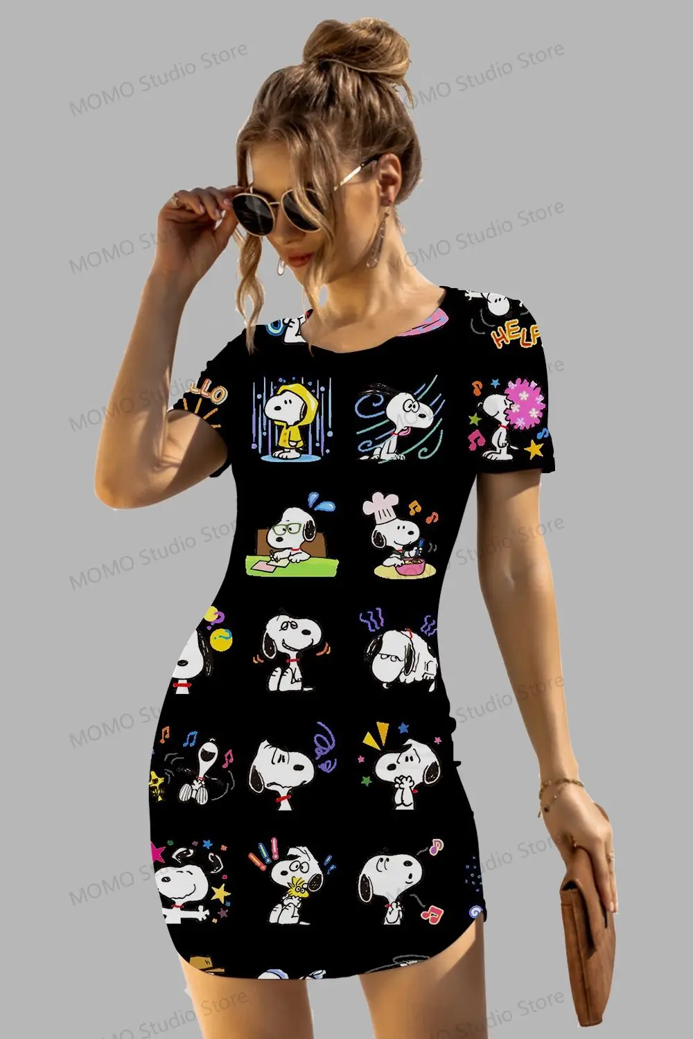 Kawaii Women's Short Sleeve Hip Dresses Snoopy New Dress  Y2k O Neck S-3XL Boho Summer 2024 Fashion Elegant Sexy 2024 Neck