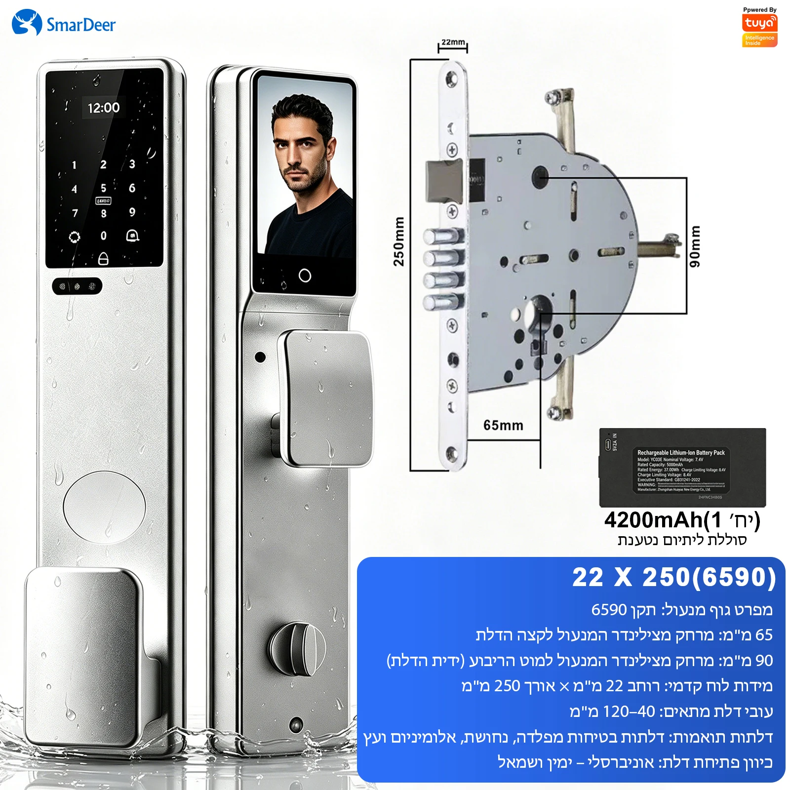 SmarDeer IP66 Waterdicht Smart Deurslot voor 6590 Insteekslot Hebreeuws Spraakmenu 3D Gezicht Palm Ader Video-oproep Anti-aanbreekalarm 4200mAh