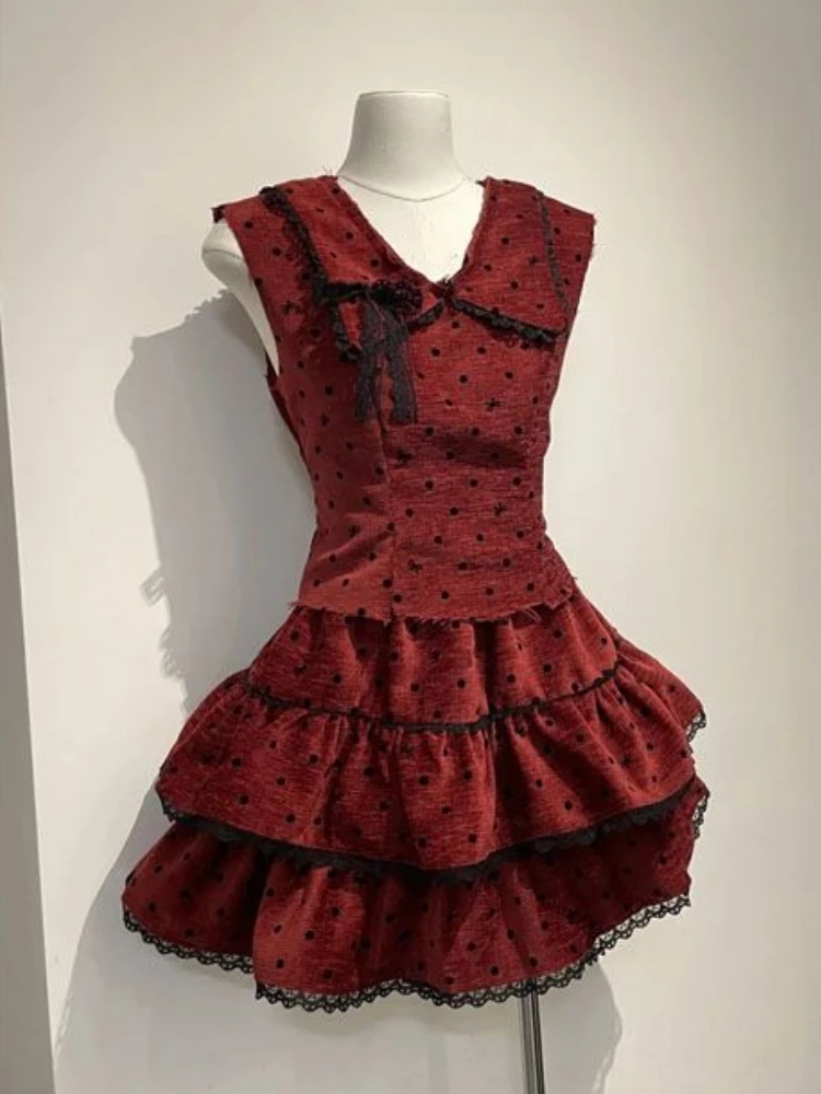 

Summer Vintage Red Lace Bow Dress 2025 French Eleganr Polka Dot Slim Party Cake Dress Korean Fashion Design Sleeveless Dresses