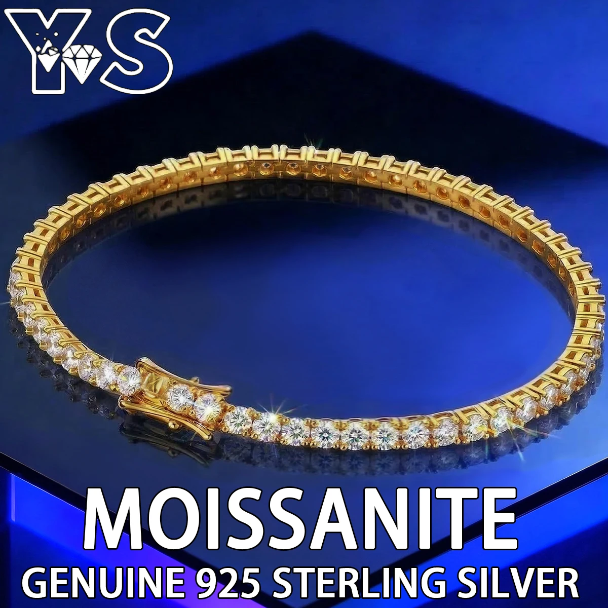

S925 Sterling Silver Gold Plated Tennis Bracelet, 3MM 0.1CT Full Moissanite, Grid Chain, Minimalist Luxury Jewelry for Women&Men
