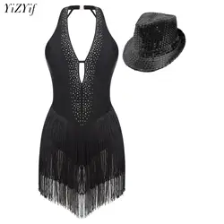 Women Latin Leotard Dance Dress Rhinestone Deep V Neck Fringed Bodysuit Dancewear Ballroom Tango Rumba Cha-cha Tassel Costume