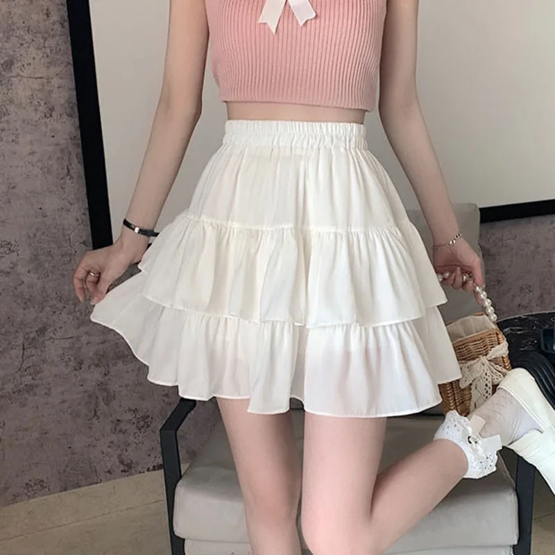 Lucyever Women White Pleated A-Line Skirt Preppy Style Elastic Waist Ruffles Mini Skirts Woman Summer Sweet Kawaii Student Skirt