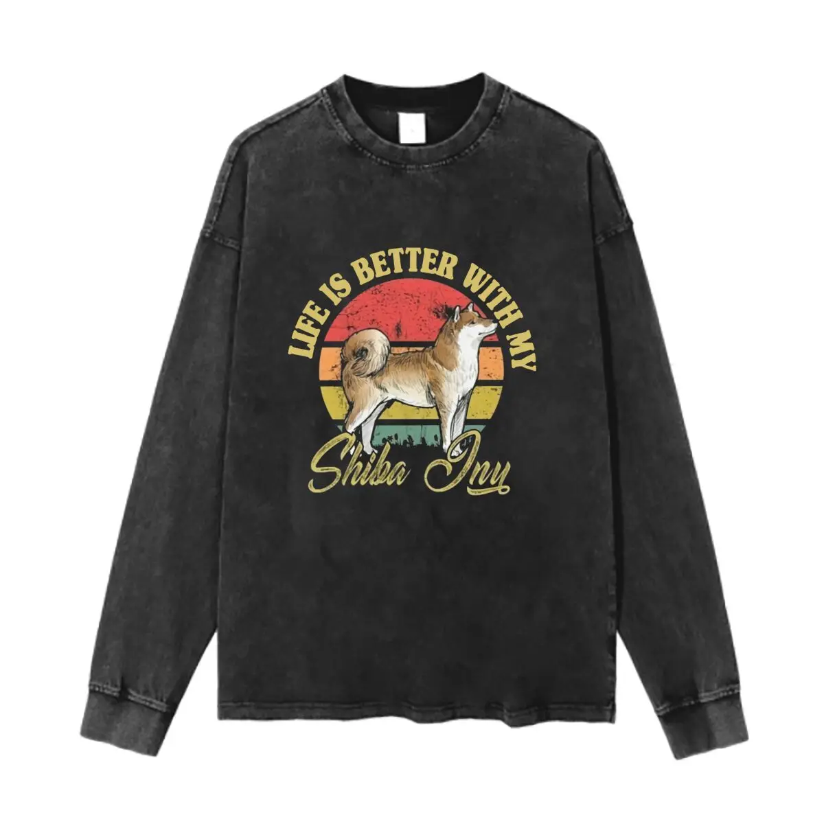 Life is Better with My Shiba Inu  Text Washed Vintage Long Sleeves Cotton Tee Shirt Solid O Collared For Men's And Women's