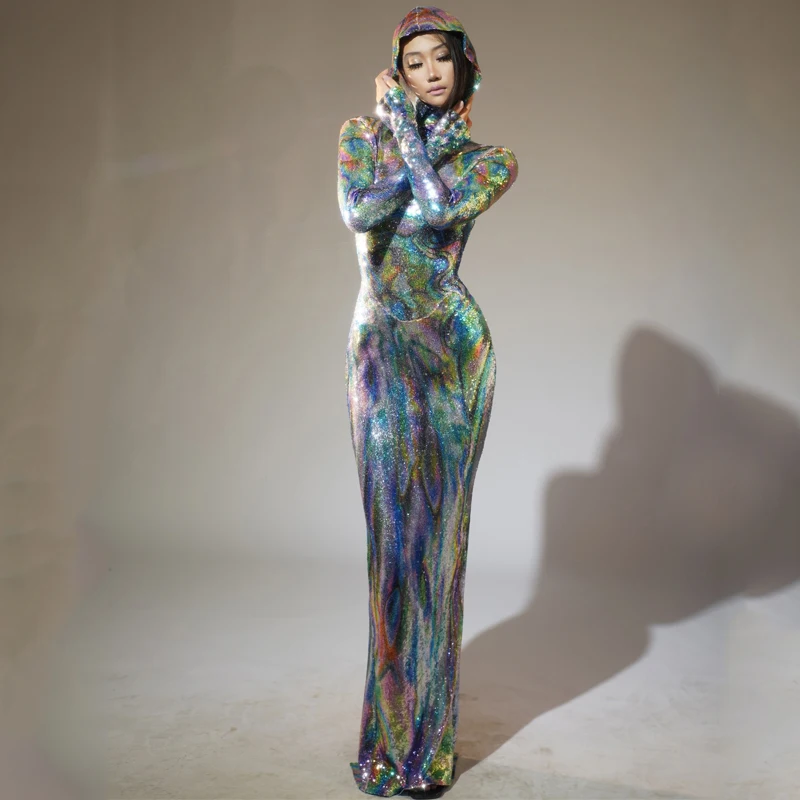 Pailletten Jurk Met Capuchon Dames Laser Rave Wear Party Outfit Avondjurken Stage Gogo Danskostuum