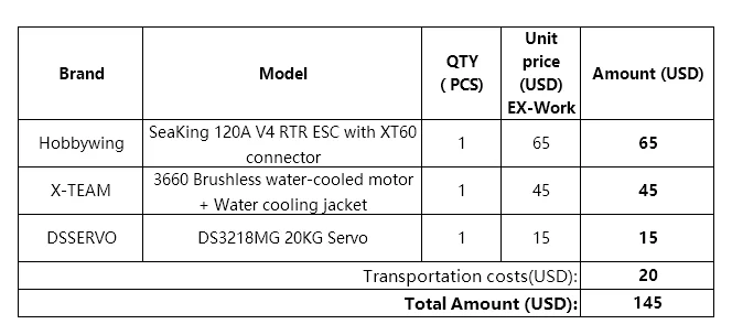 

SeaKing 120A V4 RTR ESC + X-TEAM 3660 Бесщеточный двигатель с водяным охлаждением + рукав с водяным охлаждением + сервопривод DSSERVO DS3218MG 20 кг