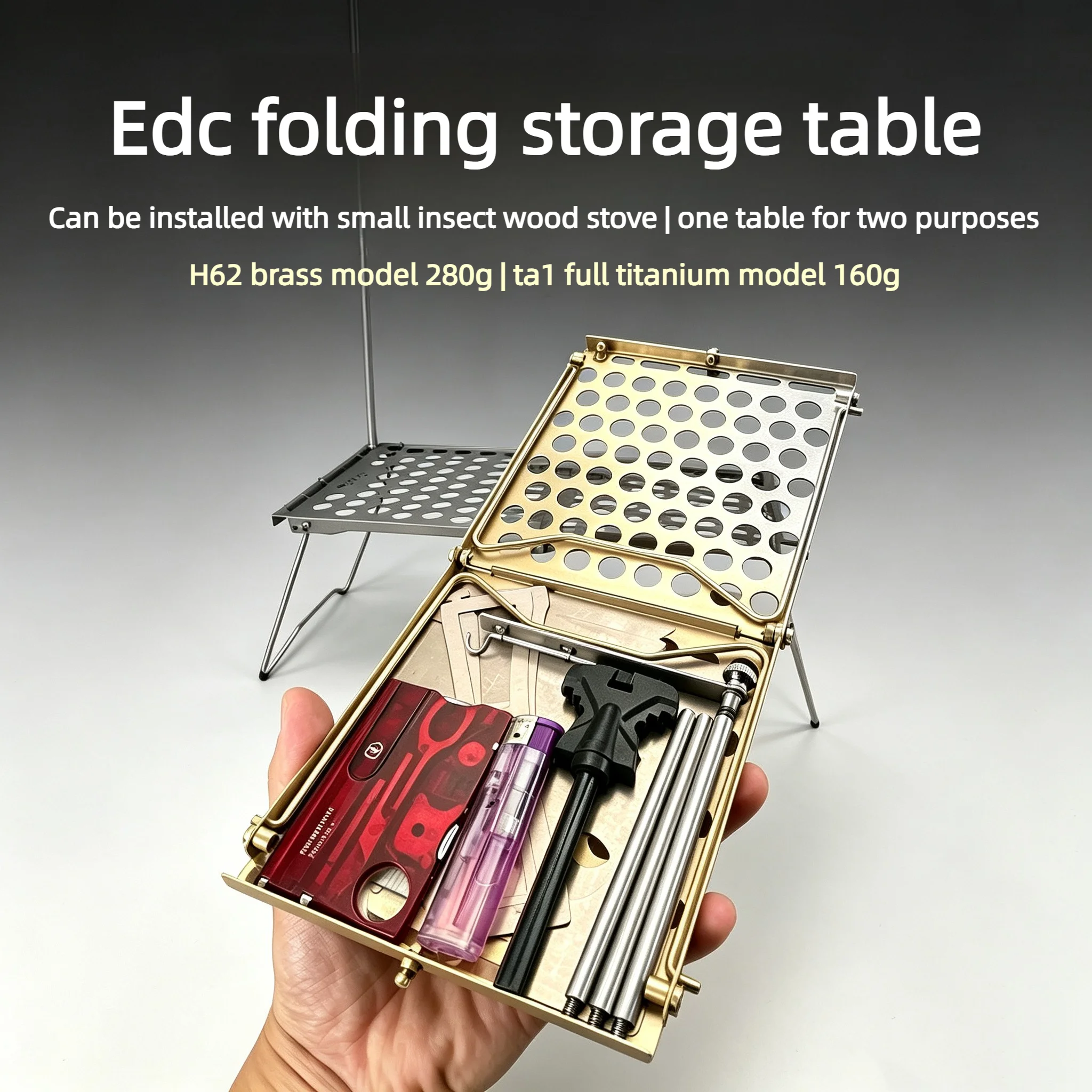 EDC Folding Storage Table, 2 in 1 Camping Mini Desk, TA1 Titanium / H62 Brass Portable Backpacking Table, for BC Bushcraft