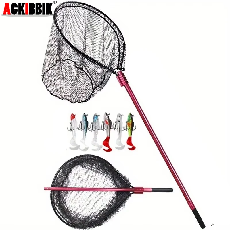 

Ackibbik 1pc Large Fishing Net Rubber Fishing Net Fishing Net Telescoping Handle with 6pcs Soft Jig Swimbait, Extends to 72-94in