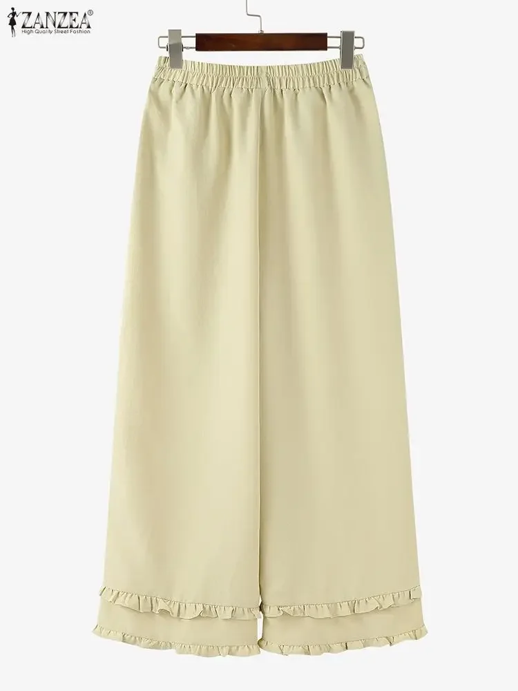 Moda calças compridas zanzea cintura elástica pantalons feminino 2025 outono babados casual sólido calças de perna larga streetwear calças de trabalho