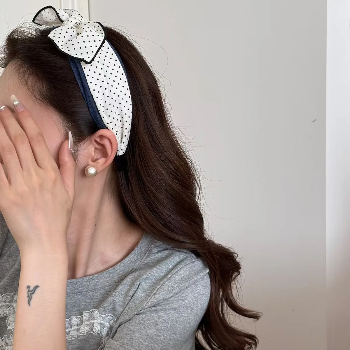 1pc Korean new polka dot denim bow wide edge headband collision sweet headband compression hair hairpin for women view 5