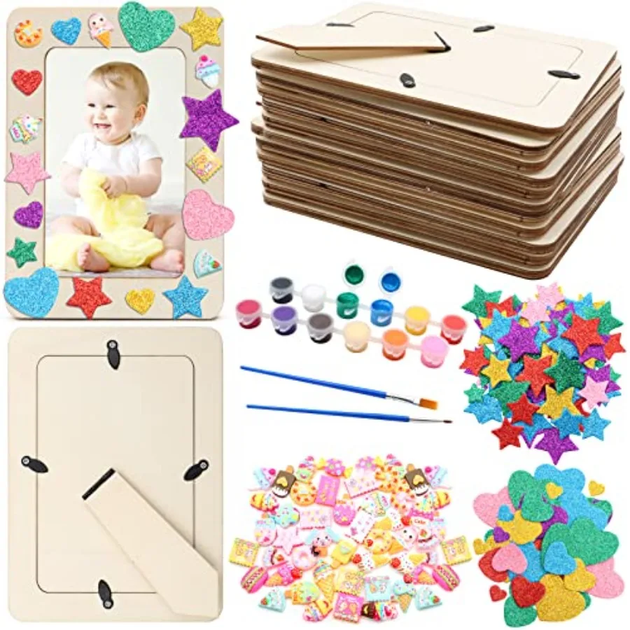 

【Spot goods】12 Packs Picture Frame Painting Craft Kit 7.5 x 5.5 inch DIY Unfinished Wooden Photo Frames with Painting Tools Set