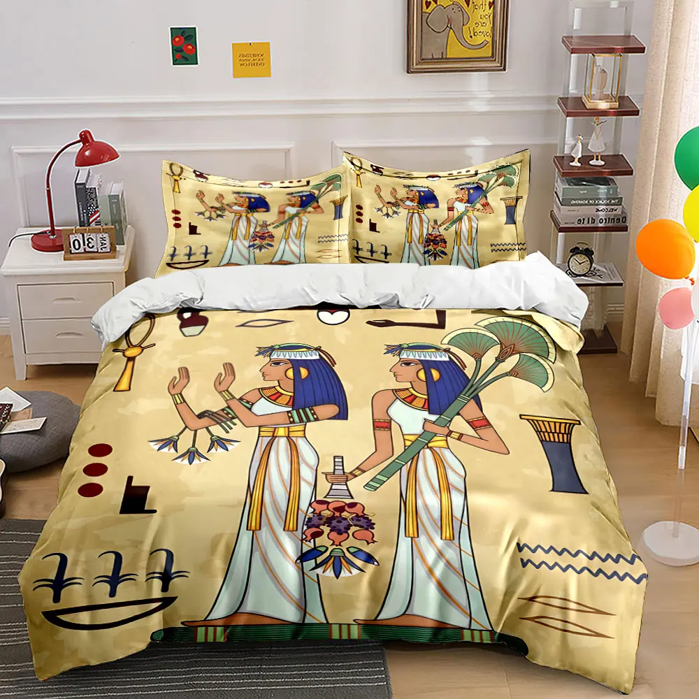 Ancient Egyptian figures and hieroglyphs Pattern Duvet Cover Set Digital Print Colorful Polyester Bedding with Zipper Closur