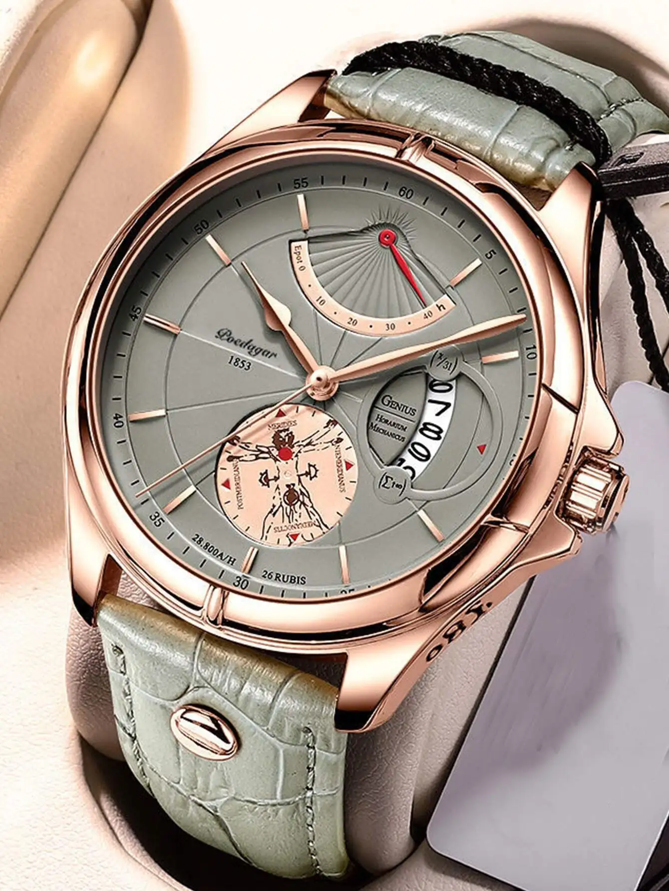 

Мужские часы-хронограф в цвете розового золота с зеленым кожаным ремешком