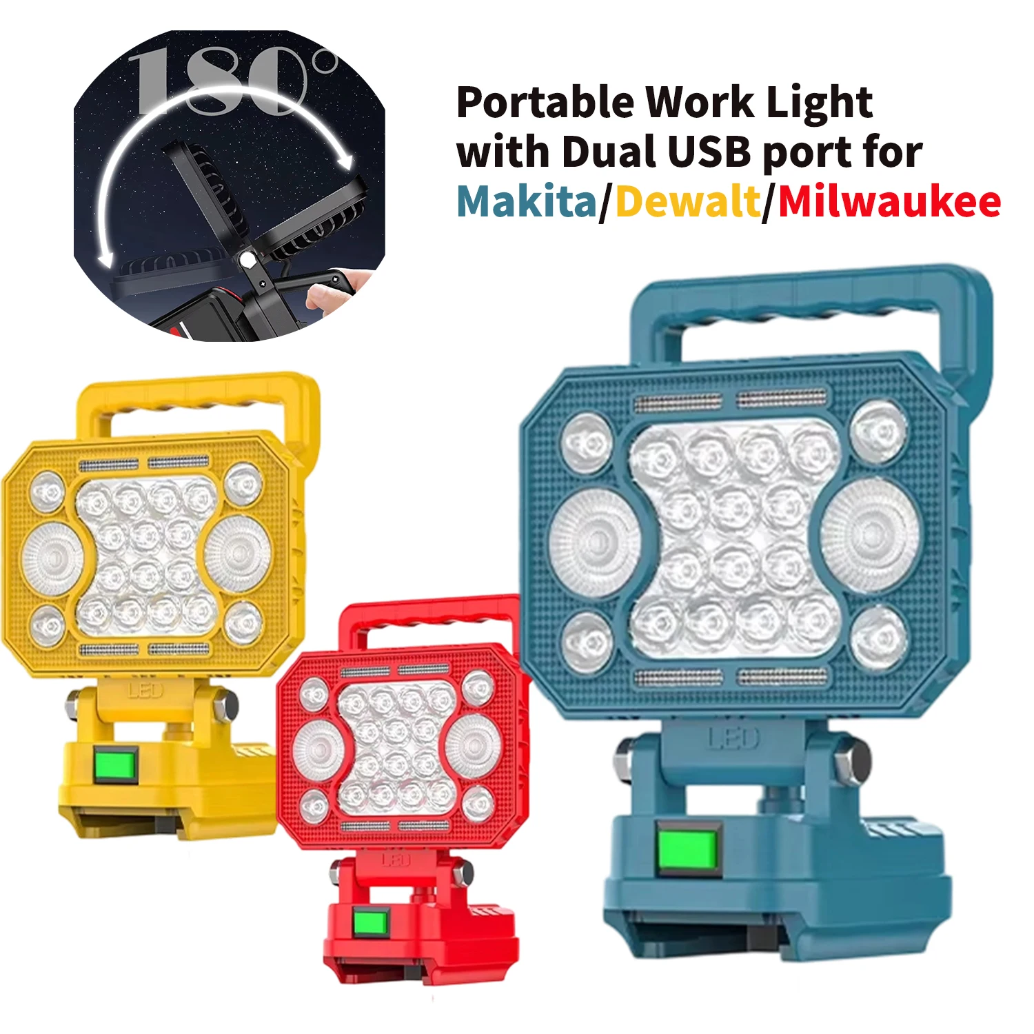 4/8 Inch LED Work Light For Makita/Milwaukee/Dewalt 18V Battery With Handle And dual USB Interface Flashlight(No battery)