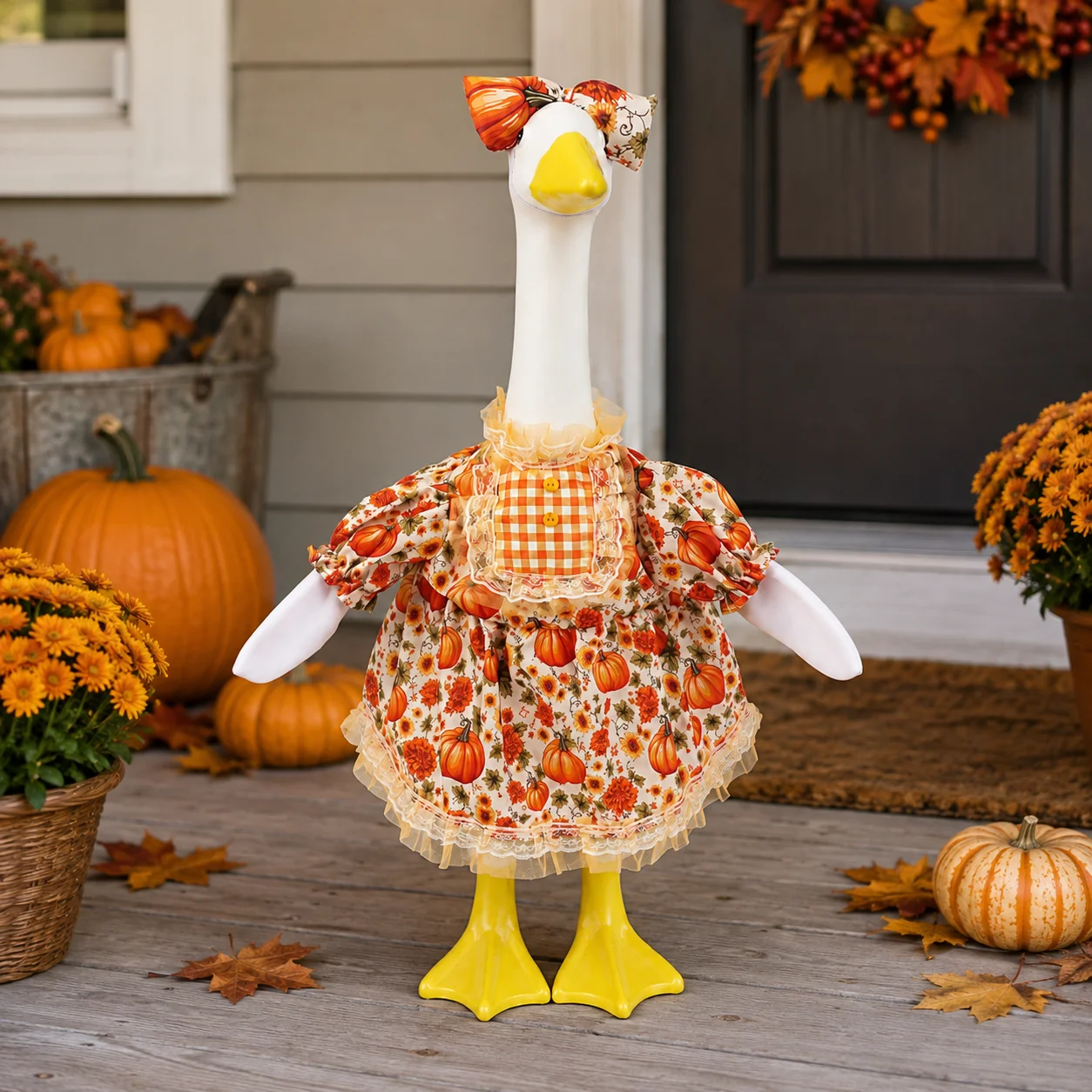 Pumpkin Goose Outfit for 23 Inch Porch Goose, Fall Thanksgiving Dress with Bow Hat, Autumn Outdoor Garden Decoration Accessory