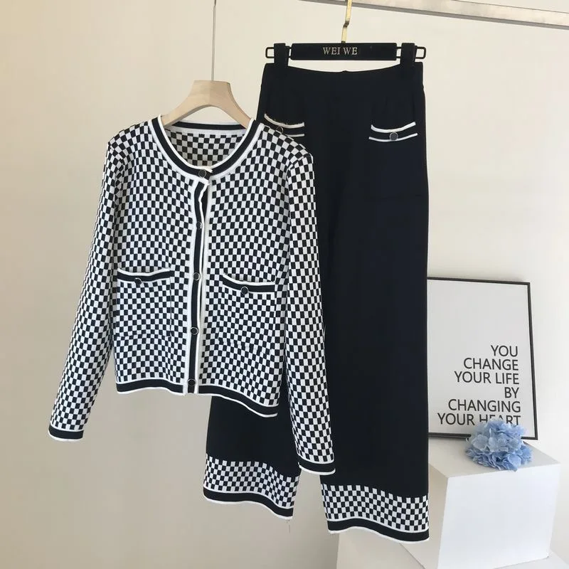 Fall Winter Plaid Knitted Women 2 Piece Sets  Casual Warm Cardigan Coats Tops Outfit High Waist Ankle Lenth Wide Leg Pants Suit