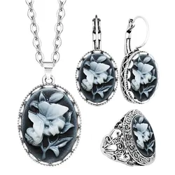 Vintage Look Oval Butterfly Plant Cameo Jewelry Sets For Women Antique Silver Plated Gray Animal Cameo Necklace Earring Ring Set