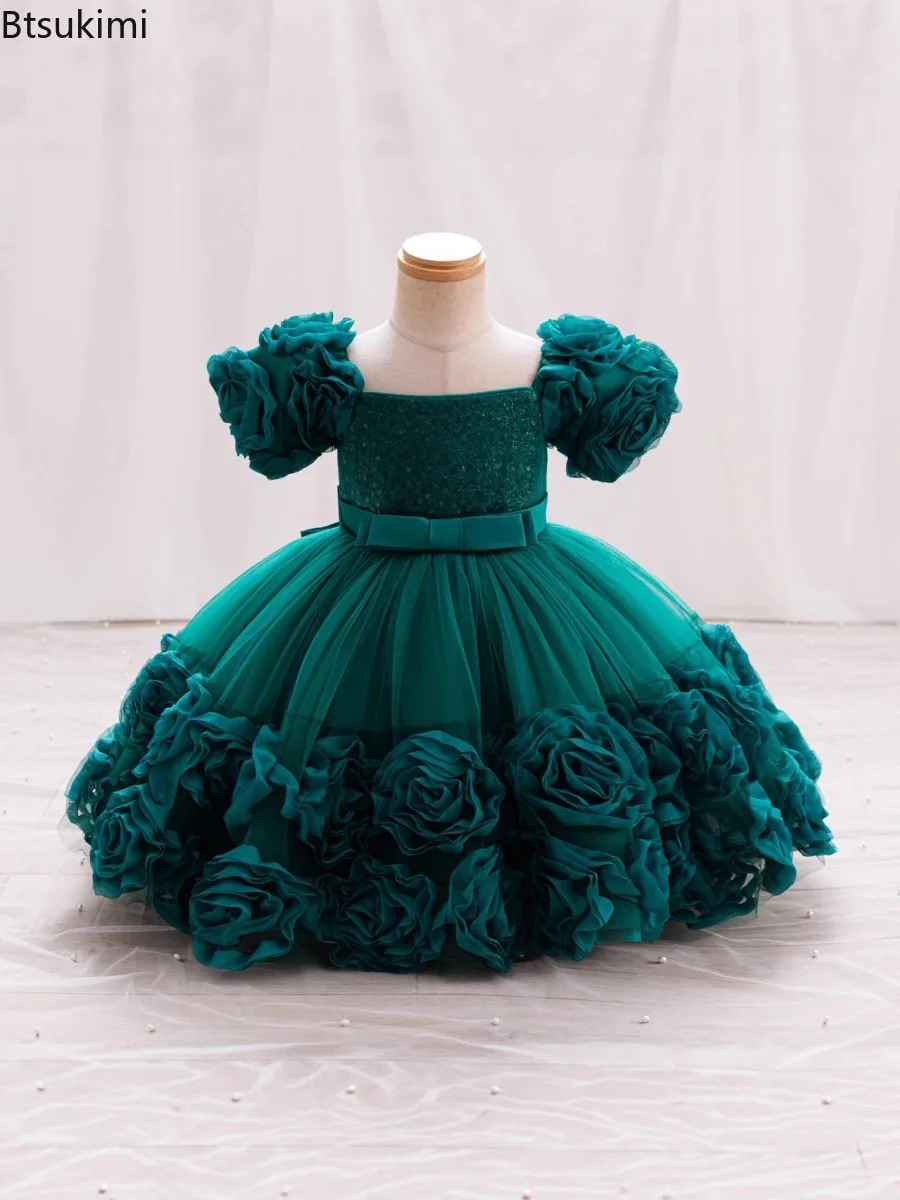 Baby Girl's Sequin Flower Dresses Christmas Wedding Lace Birthday Party Dress for Kids Toddler Children Formal Evening Costume