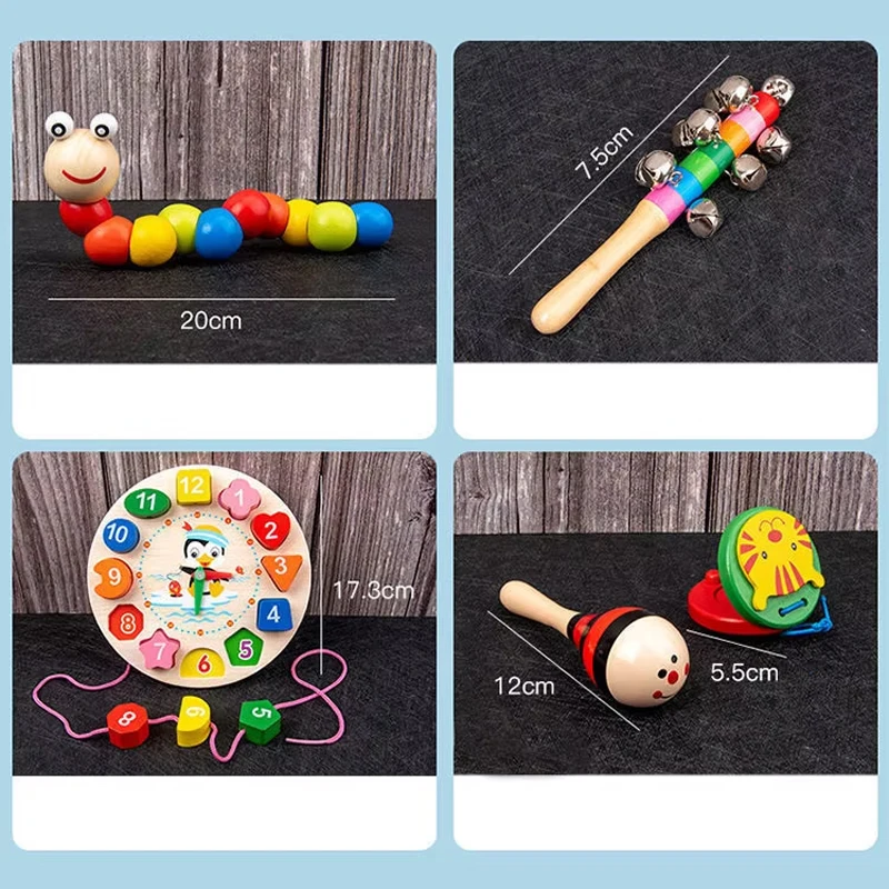 Montessori Wooden Baby Shaker Hand Bell Baby Rattles Toy Newborn Educational Musical Rattle Toys For Sand Hammer Baby 0 12 Month