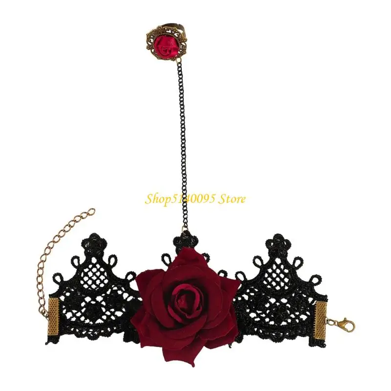 Dxae dames gotische statement sieraden set kanten choker ketting vingerringen armband