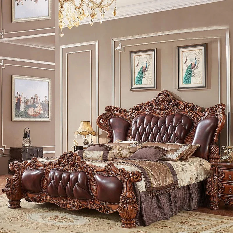 HYS European solid wood double bed luxury master bedroom marriage bed large apartment villa bedroom leather lotus carved bed
