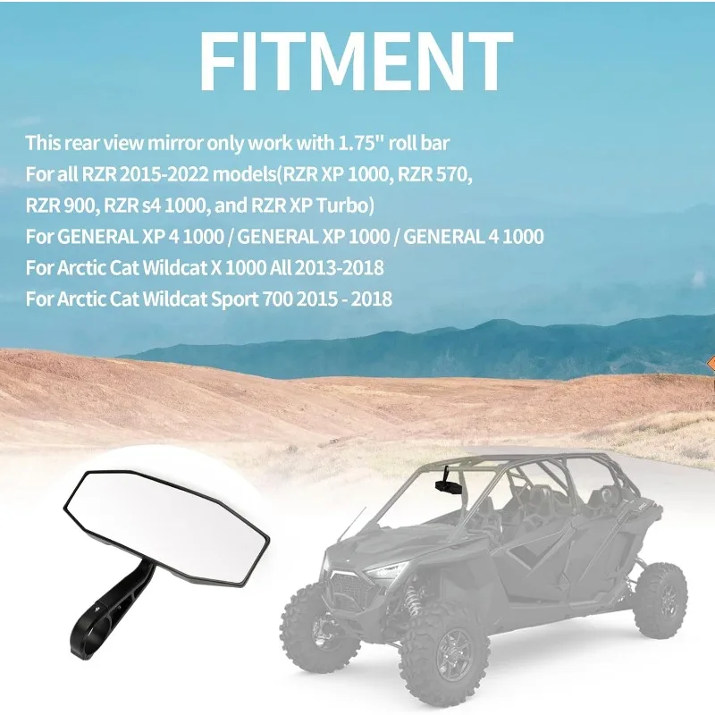 Rear View Center Mirror with Glass for UTV 1.75" Roll Cage Bar RZR 800 900 1000 Turbo XP General 1000 Arctic Cat Wildcat X 1000 view 2