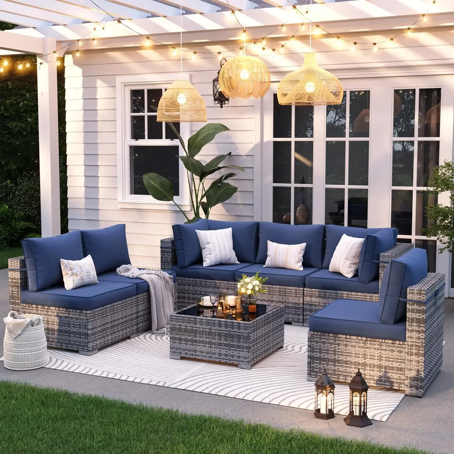 Patio Furniture Set,, All-Weather Wicker Patio Conversation Sets for Backyard (Grey with Navy Cushion)