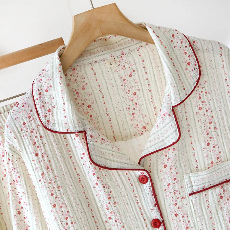 الصيف الخريف القطن طبقة مزدوجة الشاش الأزهار طباعة قميص طويل الأكمام السراويل منامة مجموعة لملابس المنزل النسائية #5